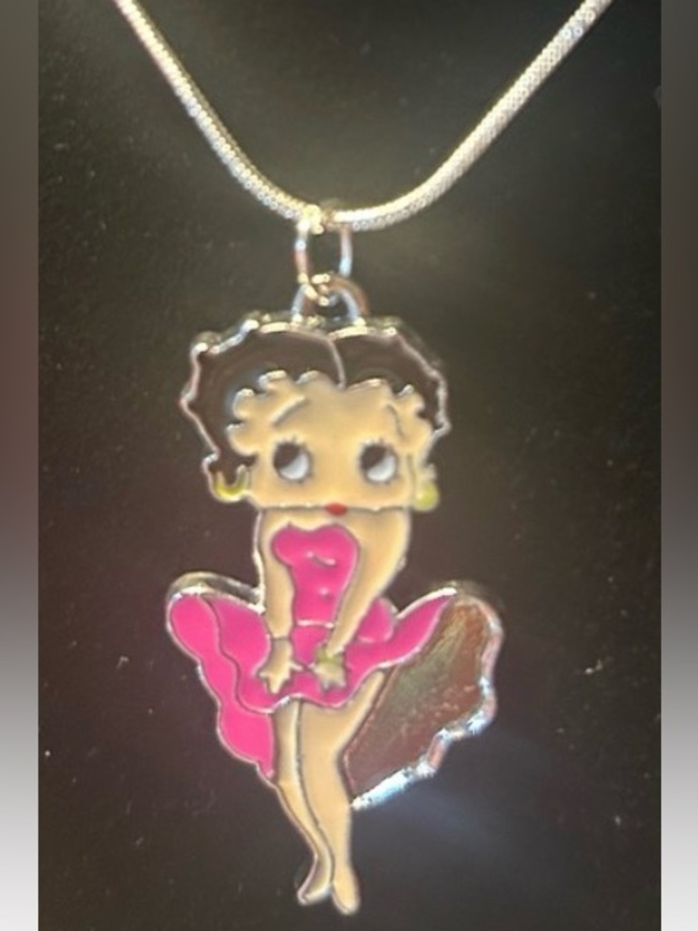 Betty Boop Pink Enamel Pendant Necklace - Silver Tone